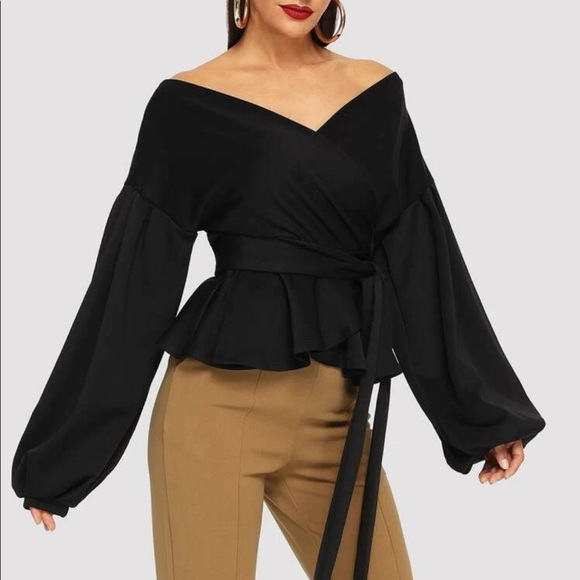 Luxe Off Shoulder Peplum Self Tie Wrap Top Blouse Shirt - Picture 10 of 12